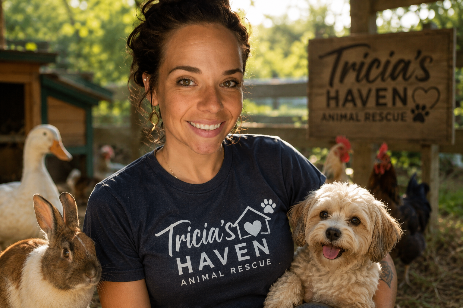 Tricia at the rescue, surrounded by a duck, rabbit, chickens, and a small dog